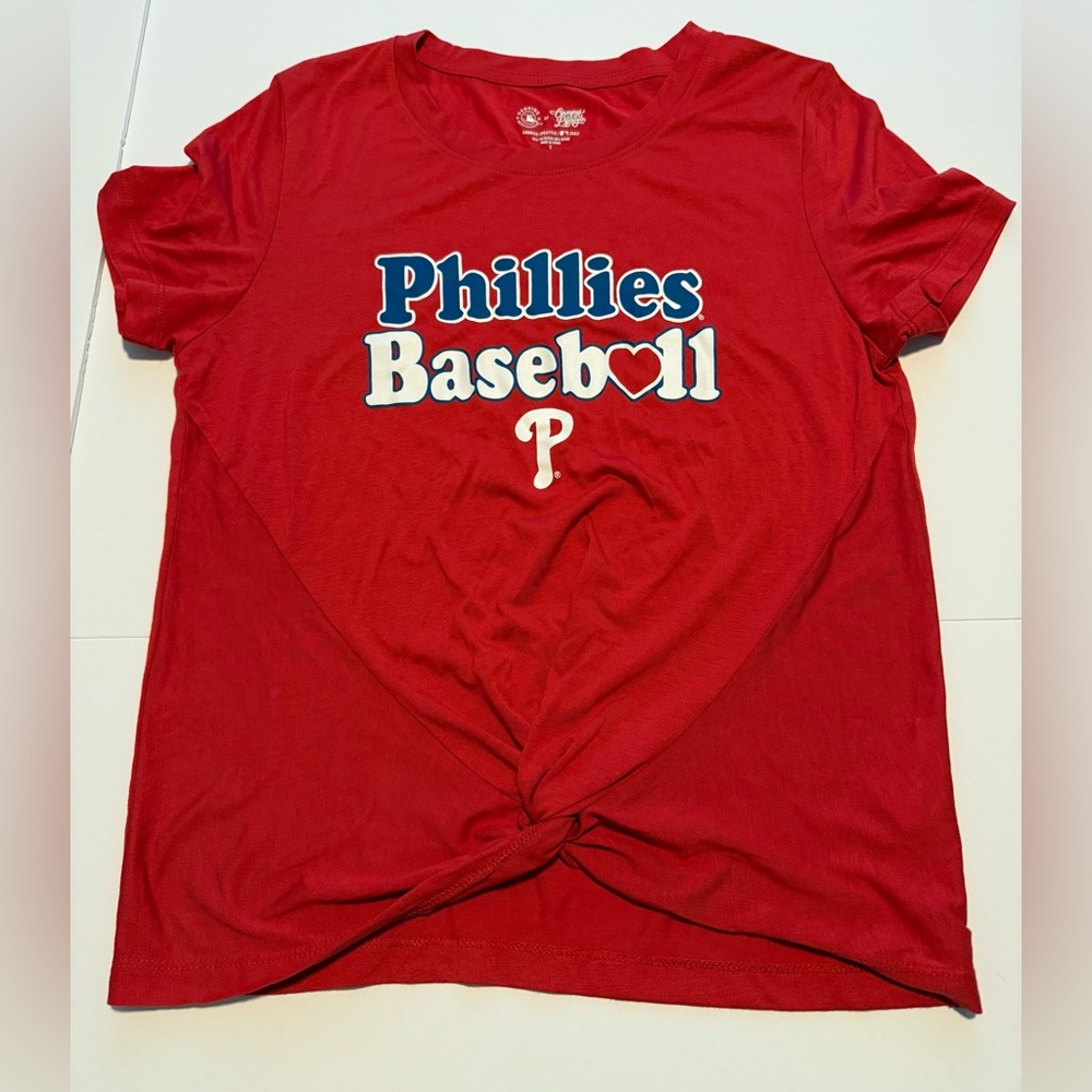NEW CAMPUS LIFESTYLE RED PHILADELPHIA PHILLIES WOMENS FRONT KNOT T-SHIRT, Size S